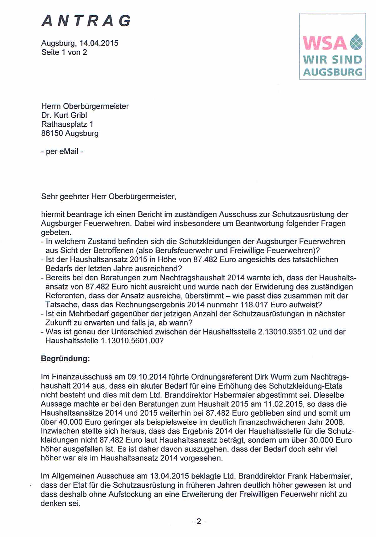 WSA-Antrag vom 14.04.2015 zur Schutzausrüstung der Augsburger Feuerwehren, Seite 1
