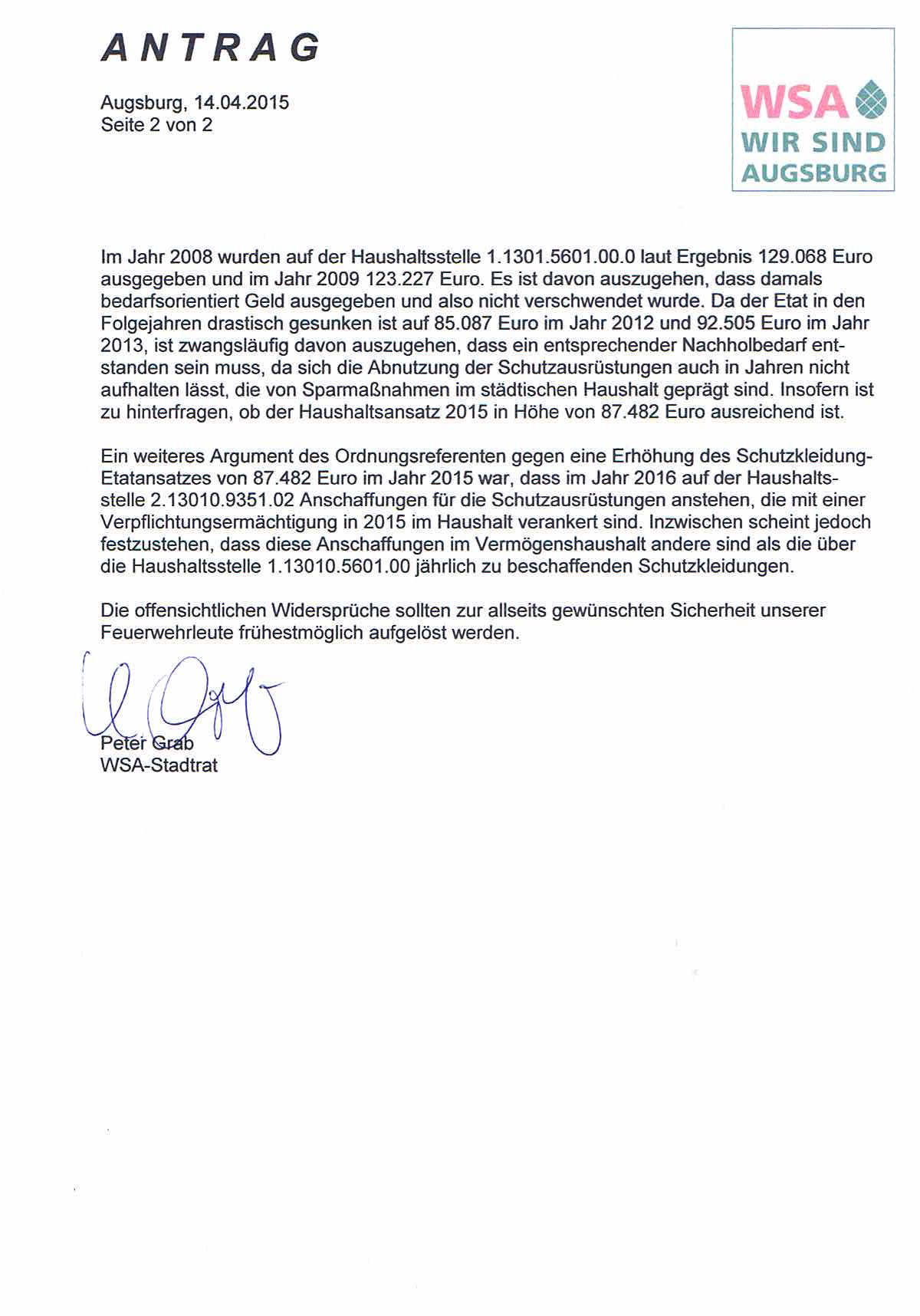 WSA-Antrag vom 14.04.2015 zur Schutzausrüstung der Augsburger Feuerwehren, Seite 2