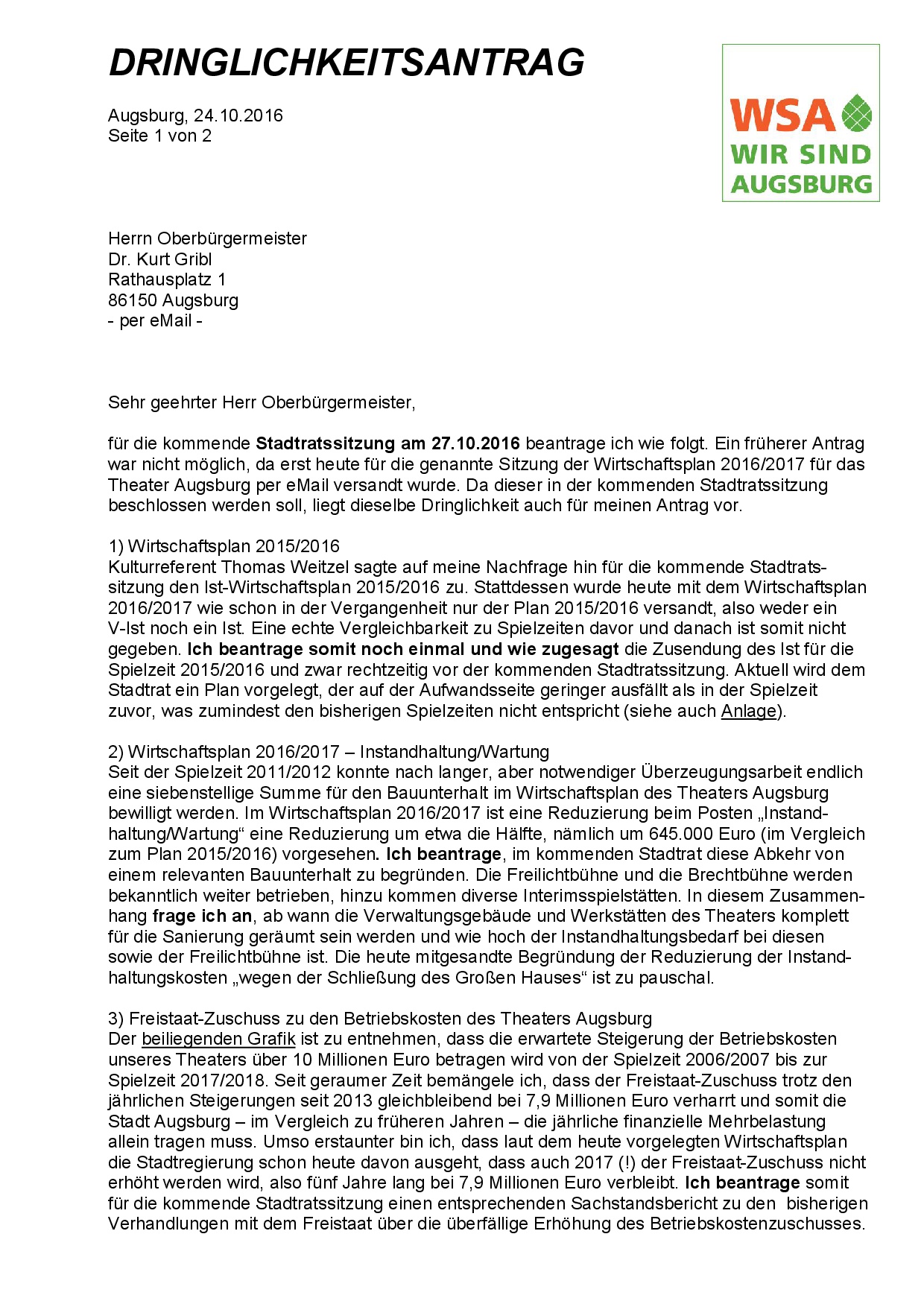 WSA-Antrag vom 24.10.2016 zum Wirtschaftsplan des Theaters Augsburg, Seite 1